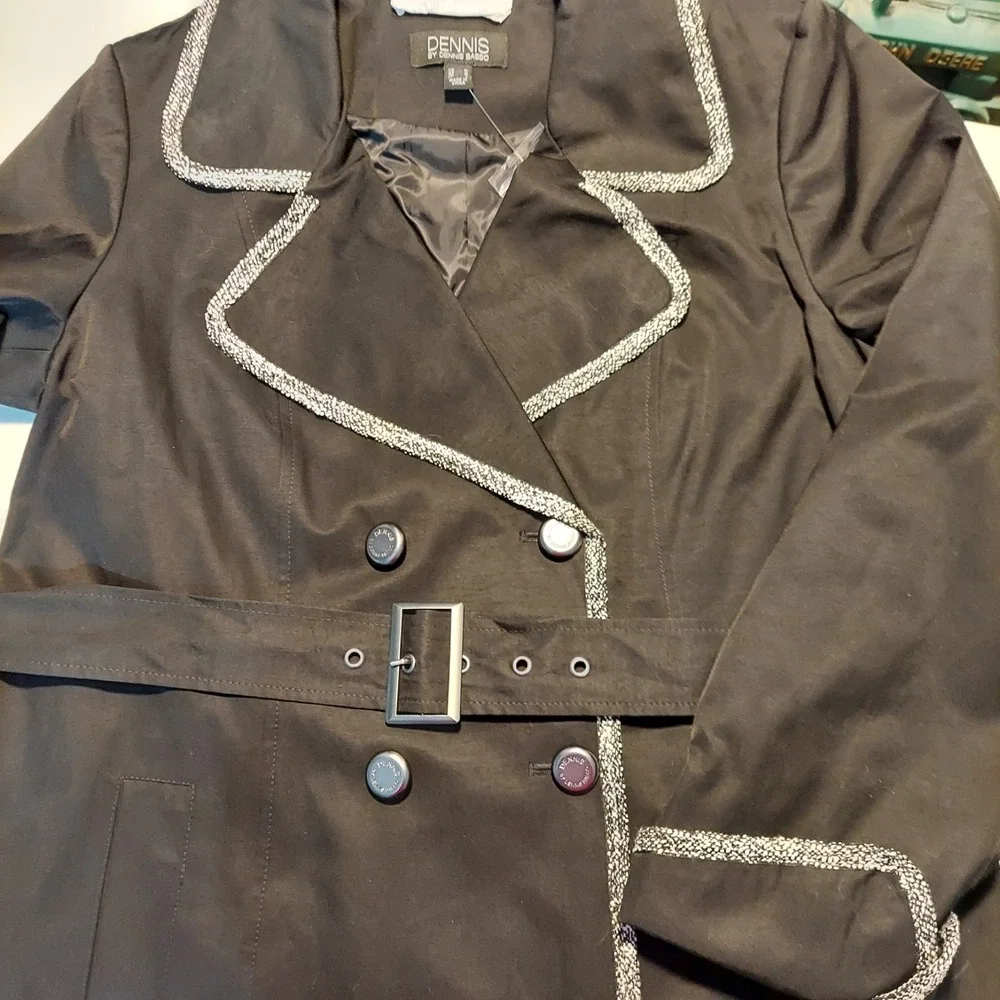 NWOT Dennis by Dennis Basso Trench Coat Womens Med‎ Black Tweed Trim Belted Chic